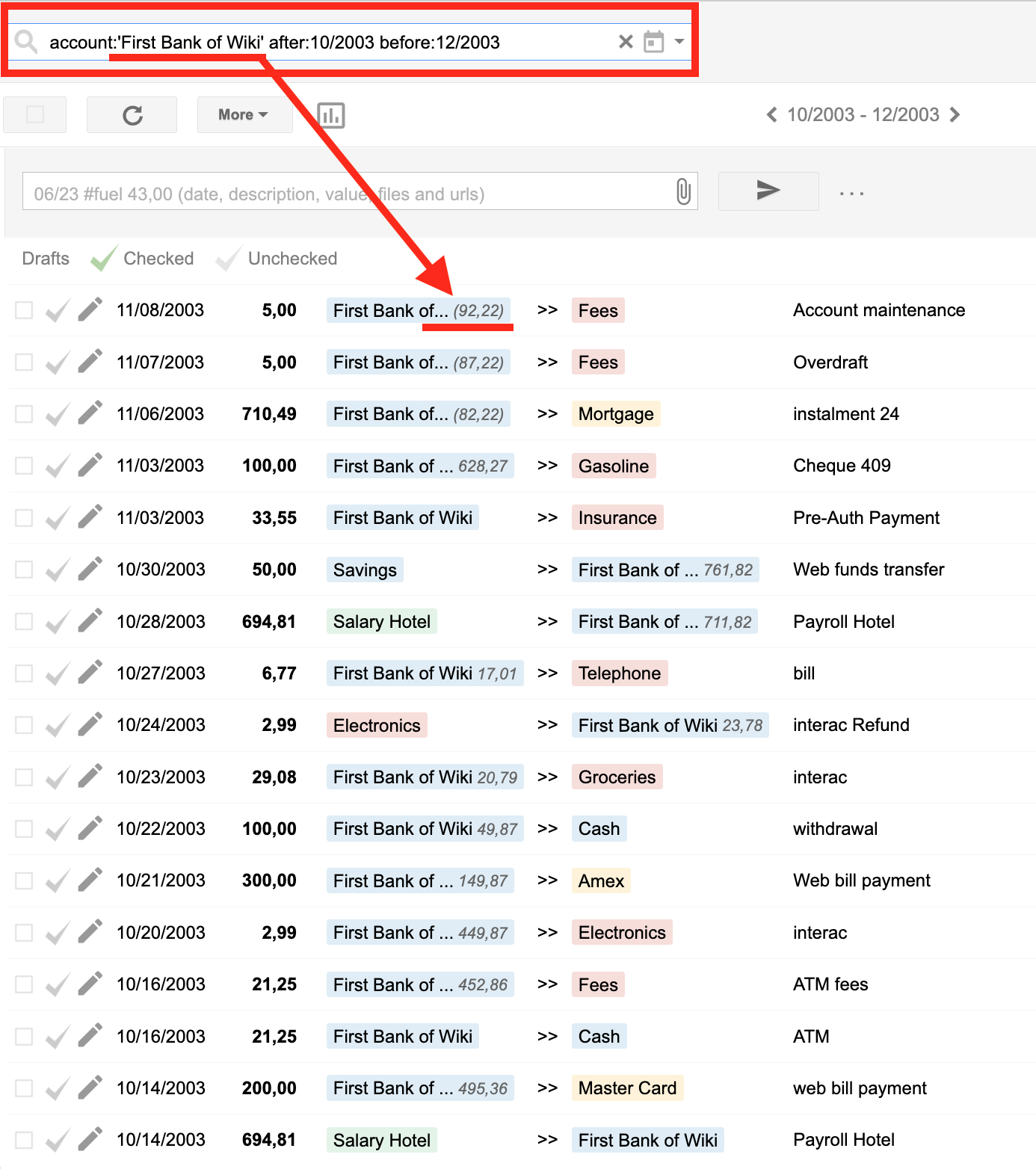 Bkper account view showing daily balance values on the last transaction of each day