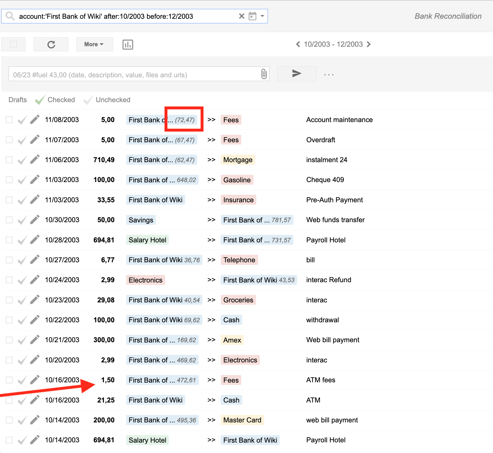 Bkper account view showing corrected daily balance values matching the bank statement