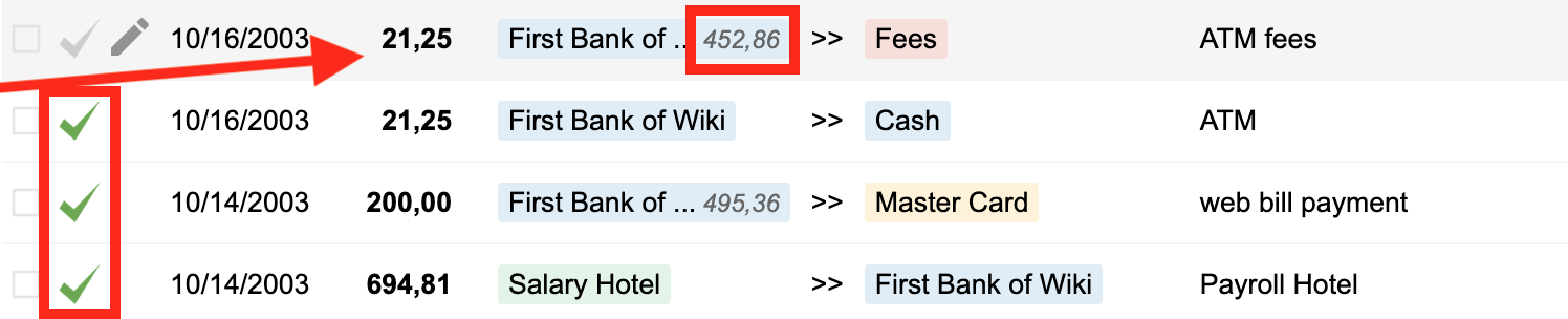 Bkper transactions with check marks indicating they have been reconciled