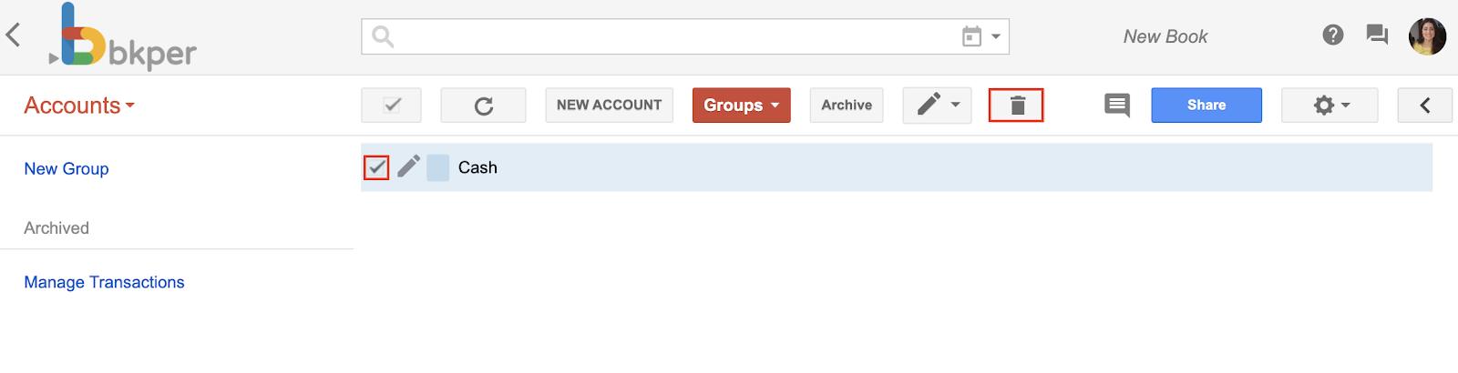Deleting an unused Account from the Accounts page