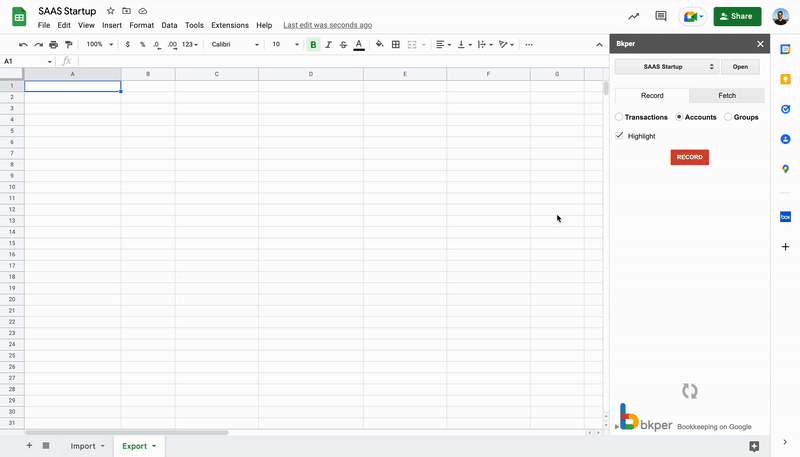Animated walkthrough of batch exporting Accounts from Bkper to Google Sheets