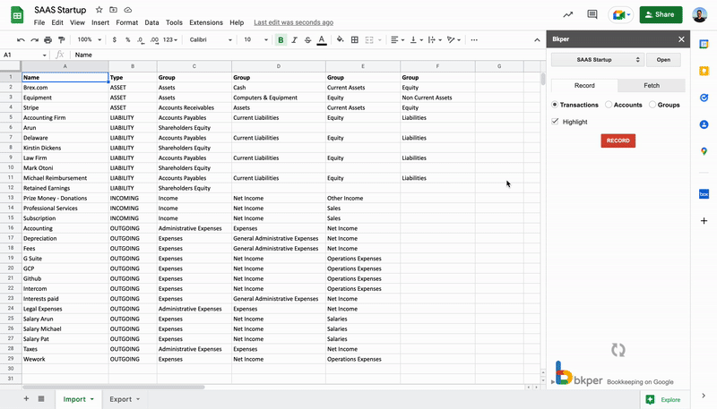 Animated walkthrough of batch importing Accounts from Google Sheets into Bkper