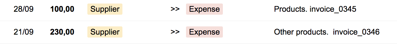 Bkper transactions showing expenses recorded to a supplier payable account, building a balance of 330