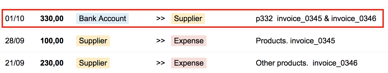 Bkper transaction showing a payment that clears the supplier's payable balance