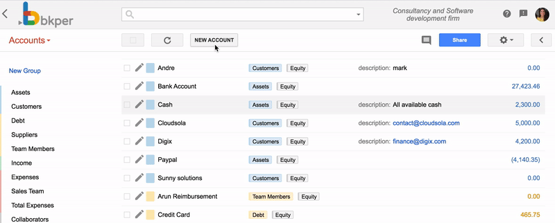 Adding custom properties to a Bkper account — entering a key and value pair in the account editor
