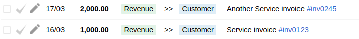 Bkper transactions showing invoiced revenue recorded to a customer receivable account, building a balance of 3,000