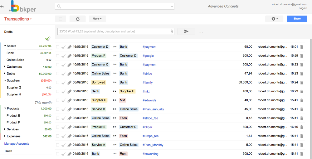 Transactions view with grouped accounts showing totals on the balance sidebar