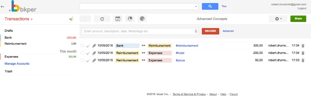 The three transactions as they appear in Bkper's transaction list