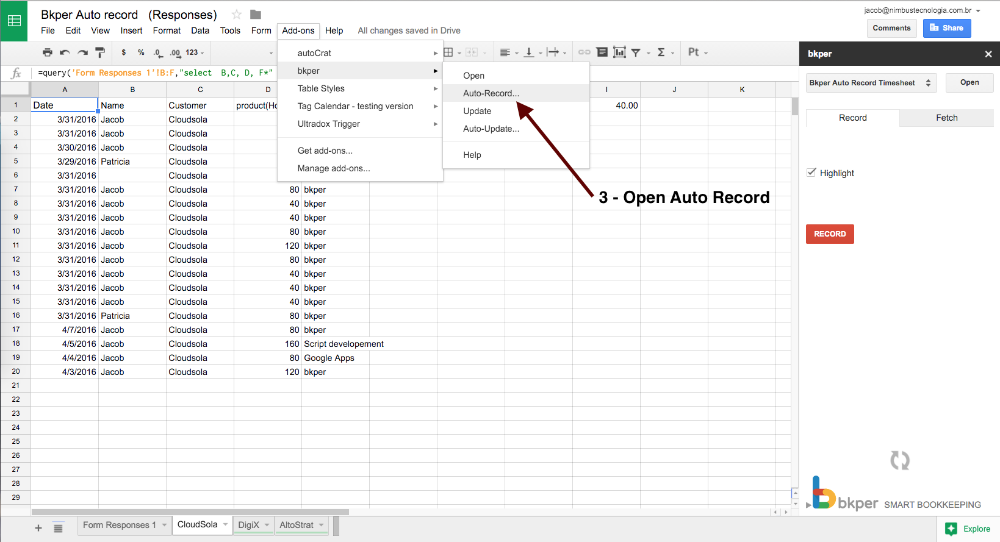 Bkper extension menu showing the Auto Record option