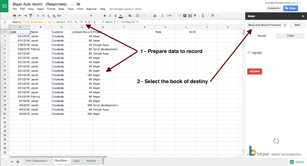 Google Sheet with transaction data prepared for automatic recording