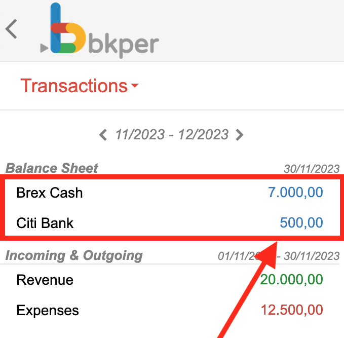 Bkper sidebar showing individual balance values for each bank account