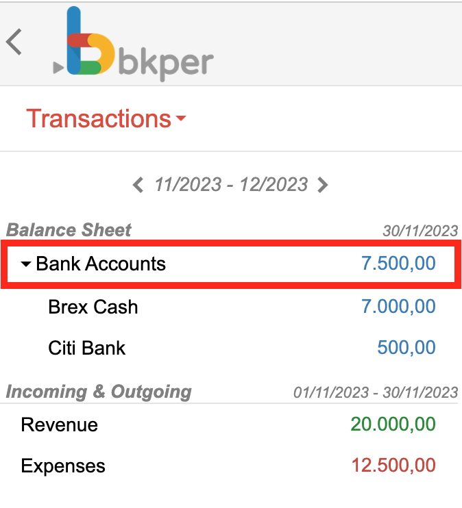 Bkper sidebar showing bank accounts grouped together with a consolidated balance total