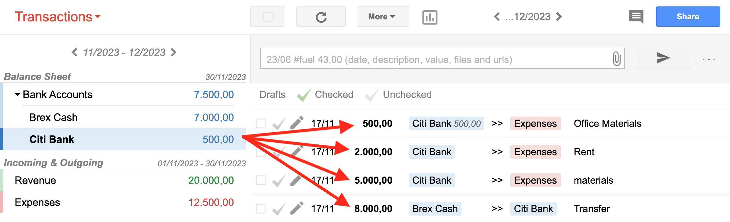 Bkper showing the Citi Bank account balance calculated from individual transactions