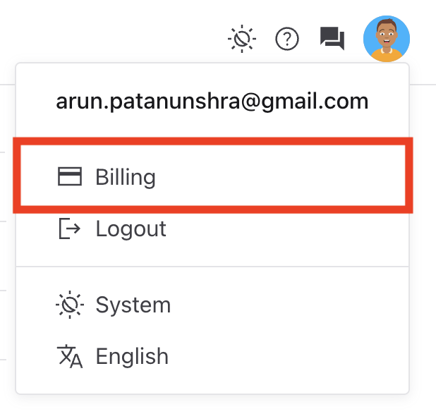Bkper avatar menu showing the Billing option