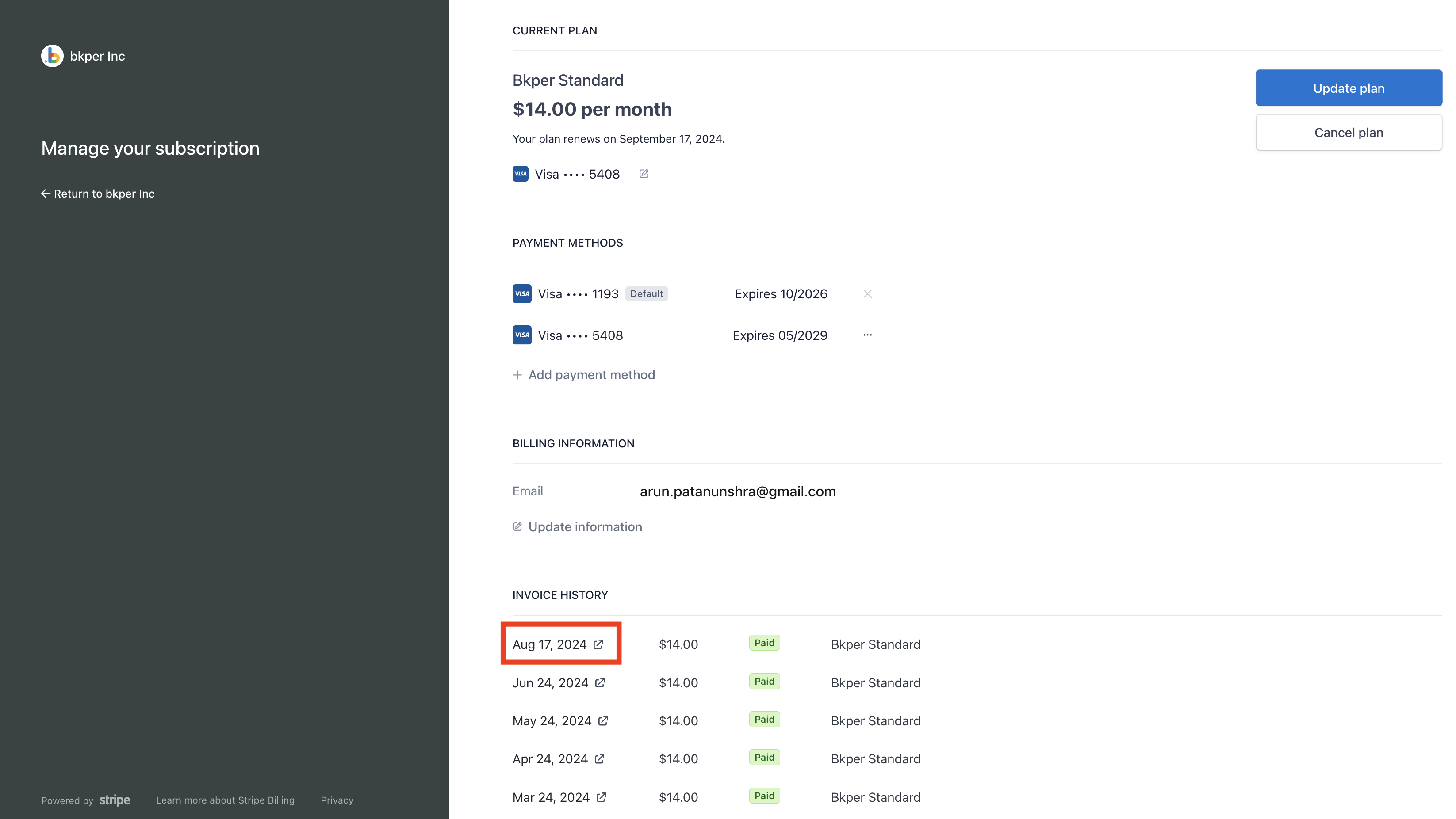 Bkper billing page showing subscription, payment, and invoice sections