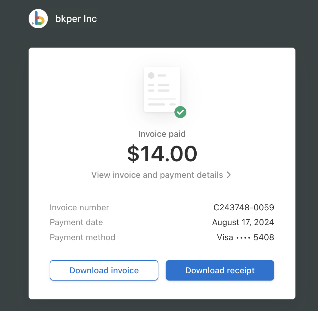 Bkper invoice history with download options for invoices and receipts