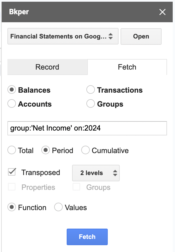 Bkper Add-on sidebar in Google Sheets showing the fetch form configured for the Net Income group