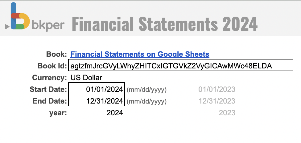 Google Sheets showing where to update the bookid and date range on the FS 2024 tab