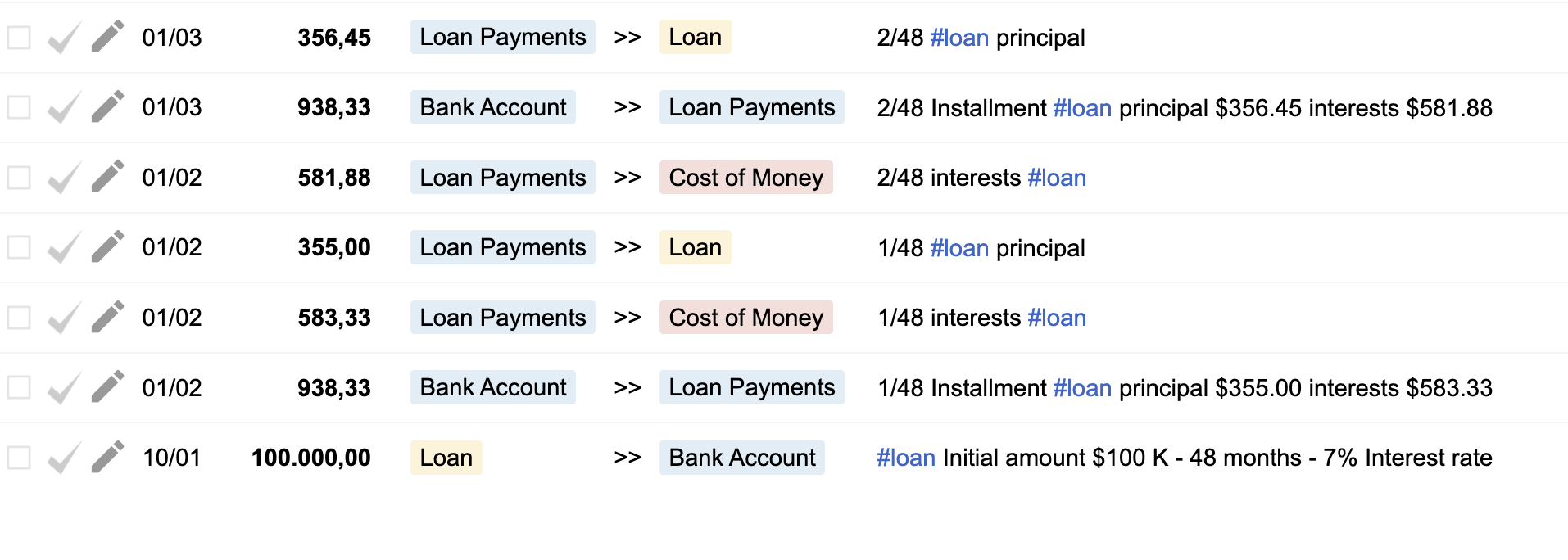 Bkper transactions showing a loan payment split into principal and interest portions