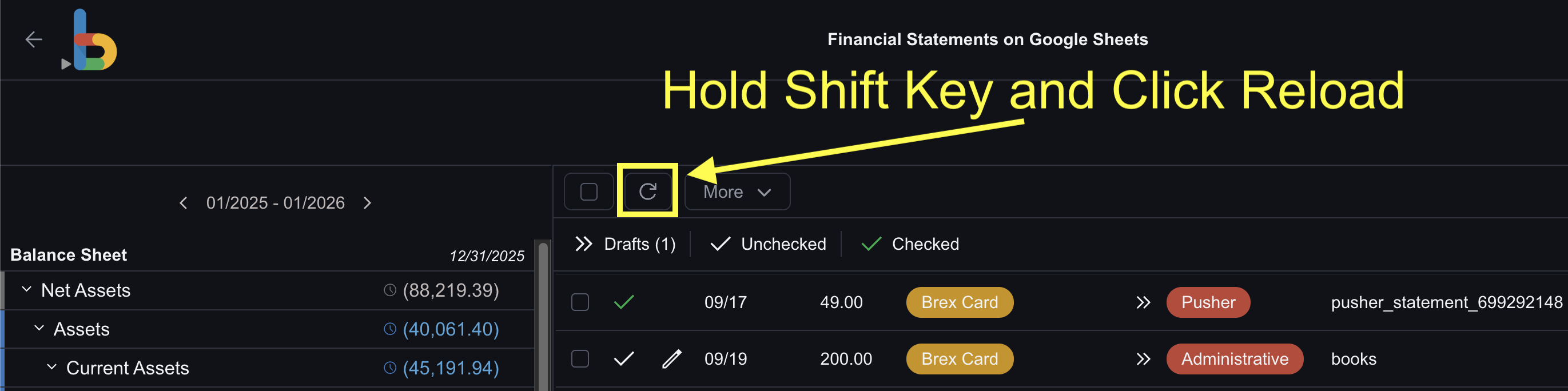 Bkper interface showing how to trigger a manual balance audit by holding Shift and clicking the reload button