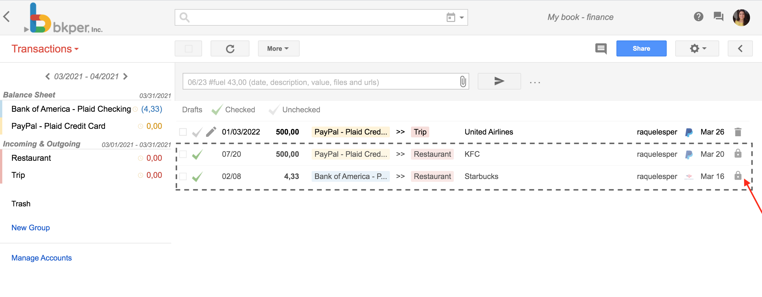 Bkper transactions view showing that modifications before the lock date are blocked