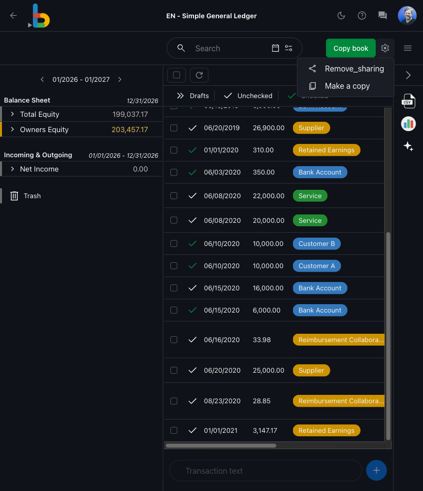 Accessing Book settings through the configuration menu in Bkper