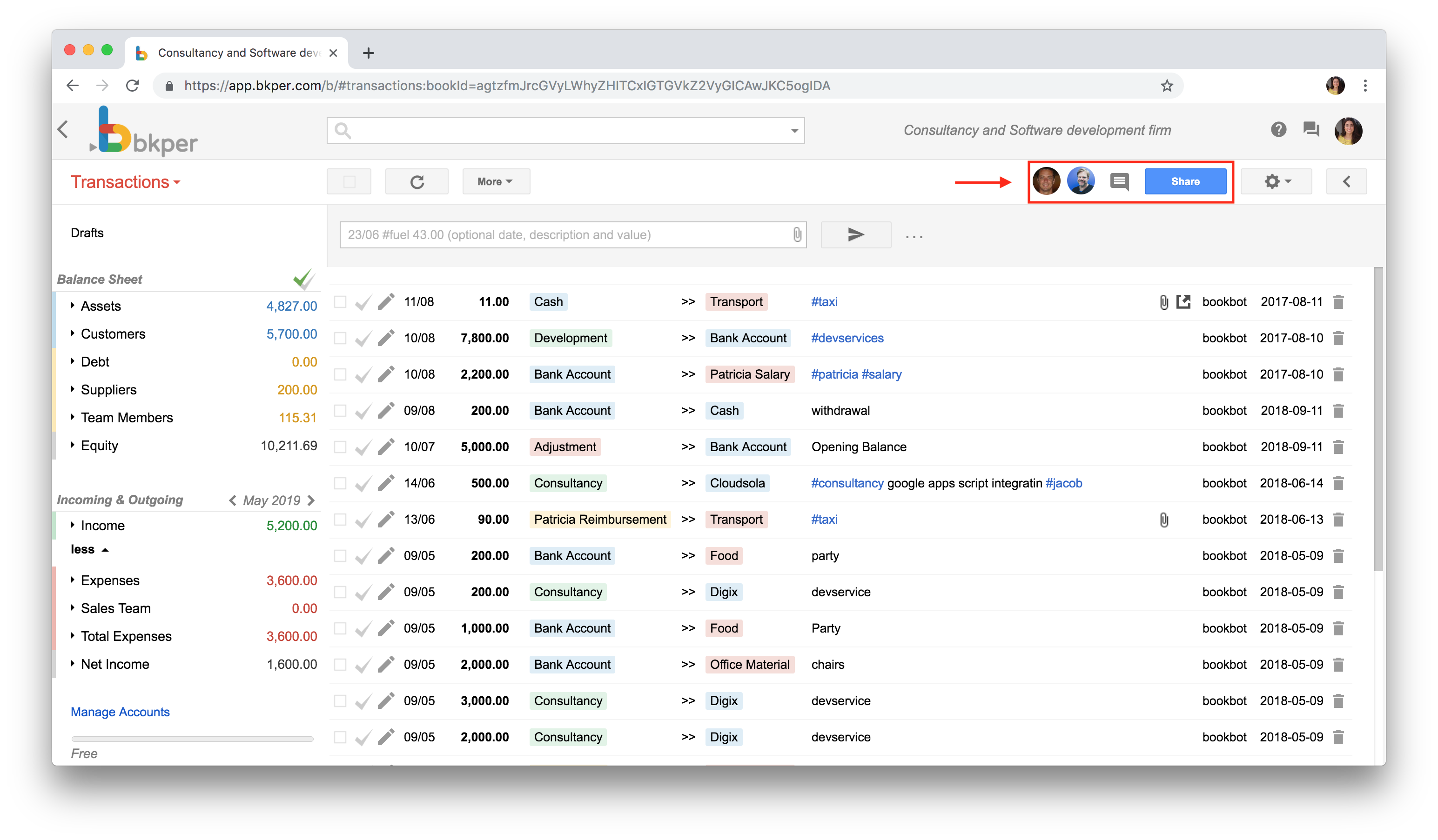 Bkper collaboration overview showing multiple users working in a shared Book