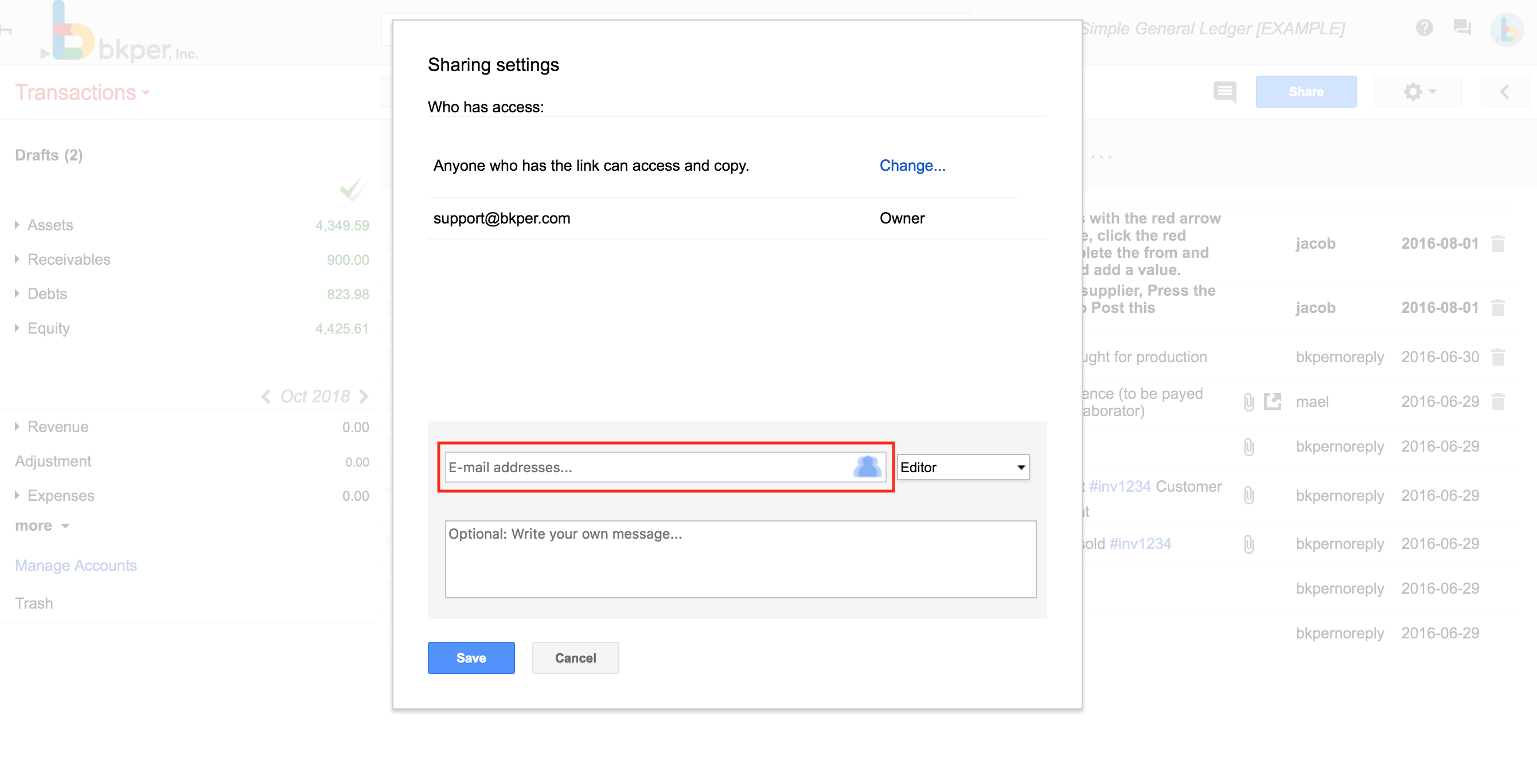 Sharing settings dialog with permission dropdown menus