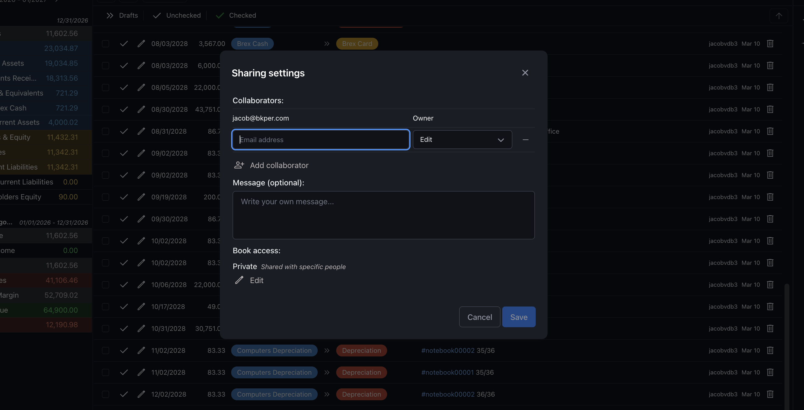 Sharing settings dialog with permission dropdown menus