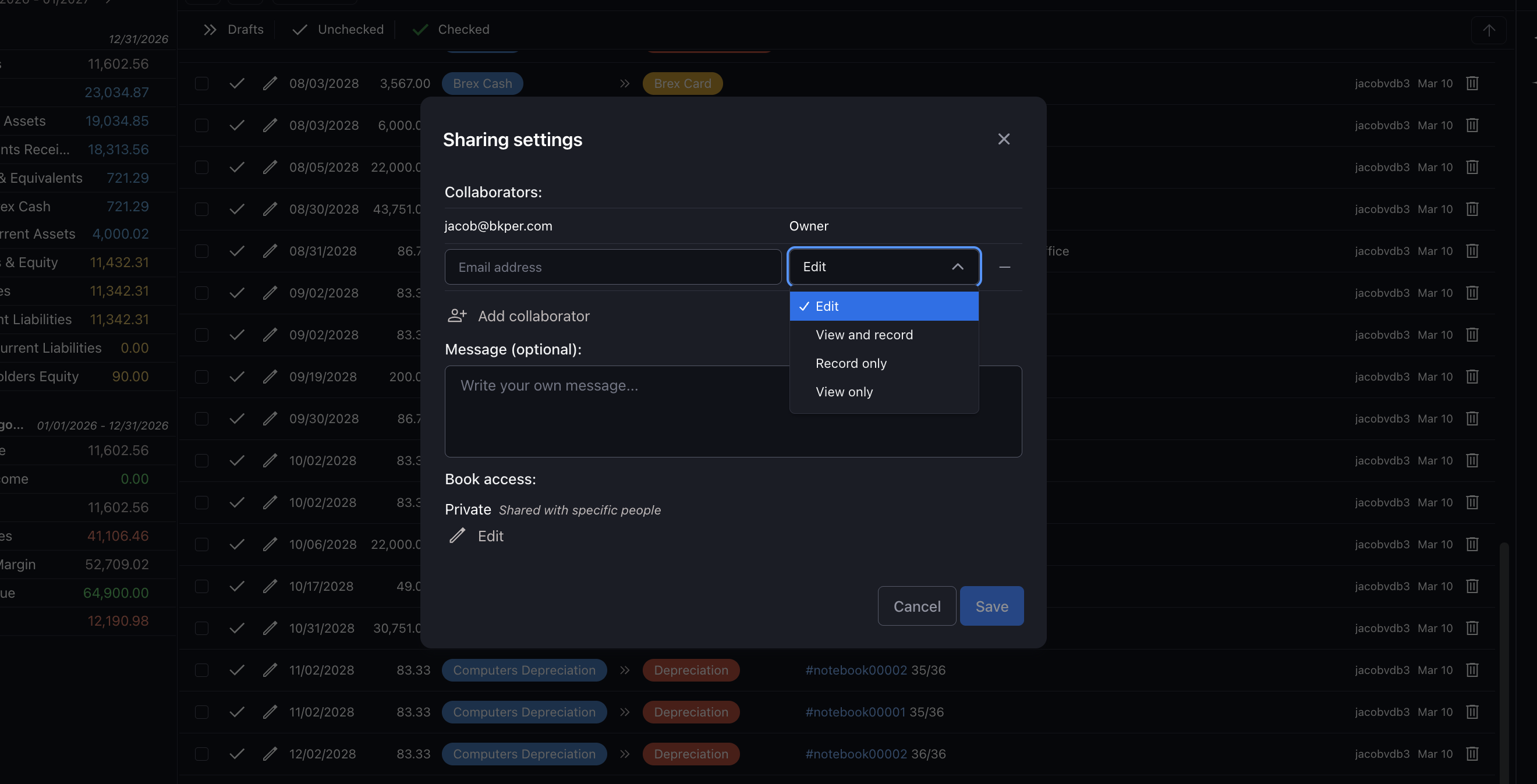 Permission levels displayed in the Bkper sharing dialog