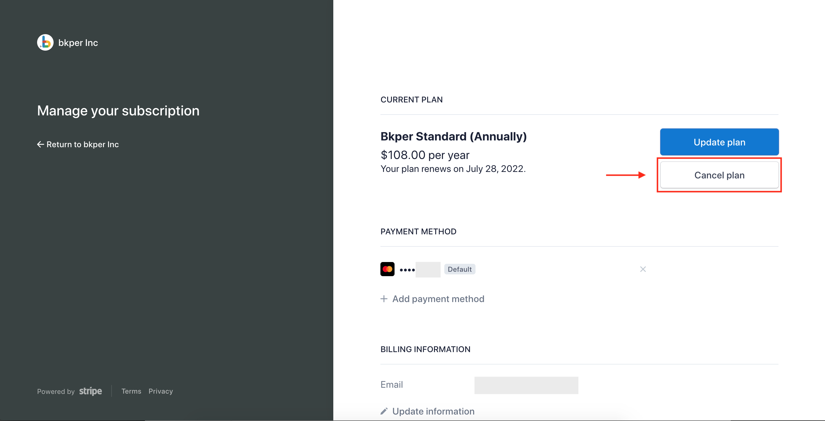 Bkper Billing page with the Cancel plan button