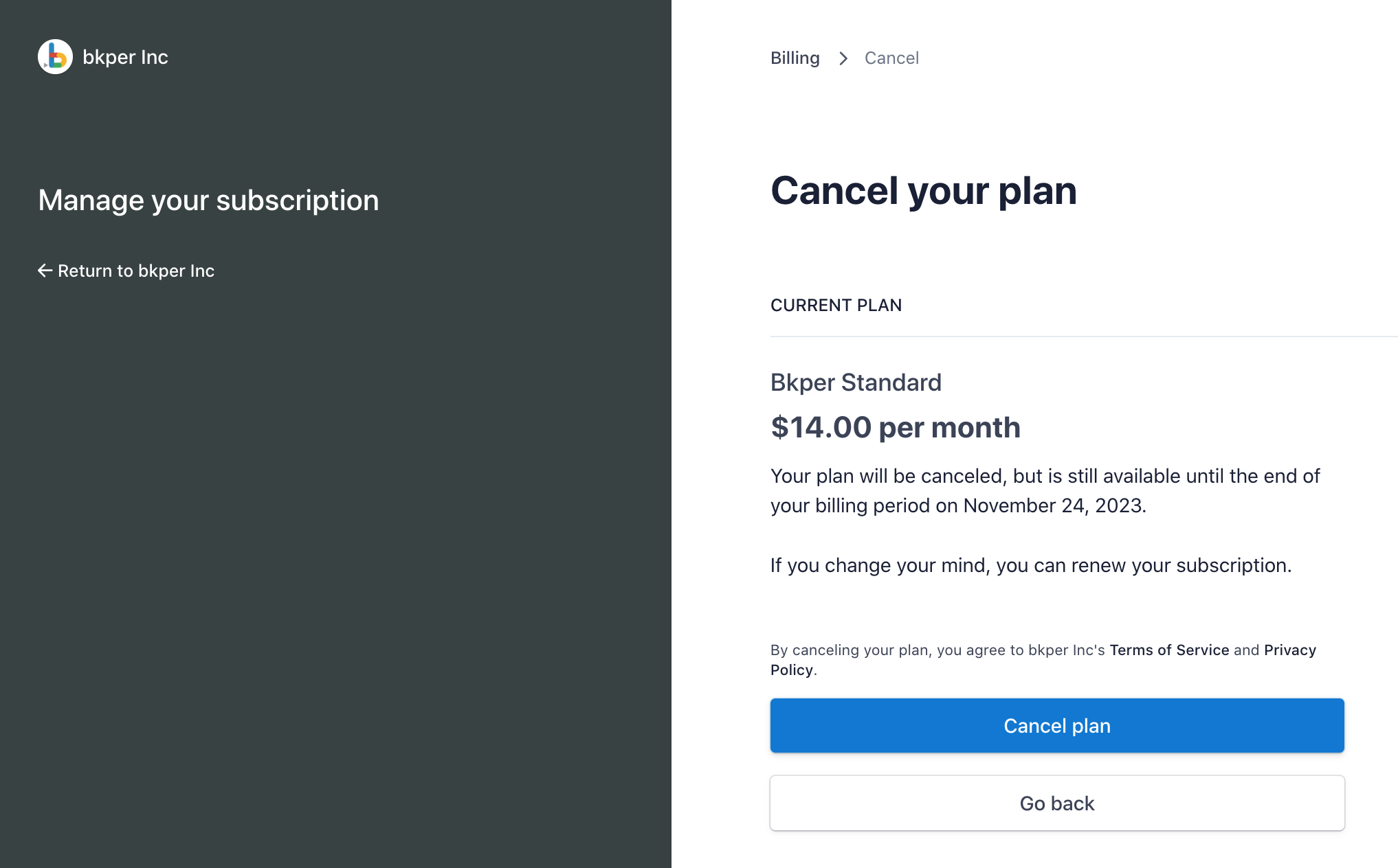 Confirmation dialog for cancelling the Bkper subscription