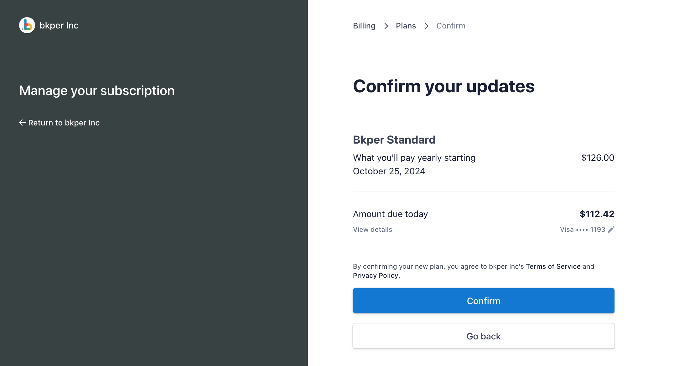 Confirmation screen for the billing period change