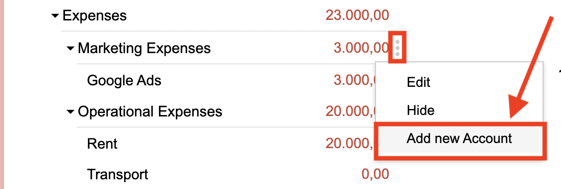 Adding a new account to the Marketing Expenses group through the popup menu
