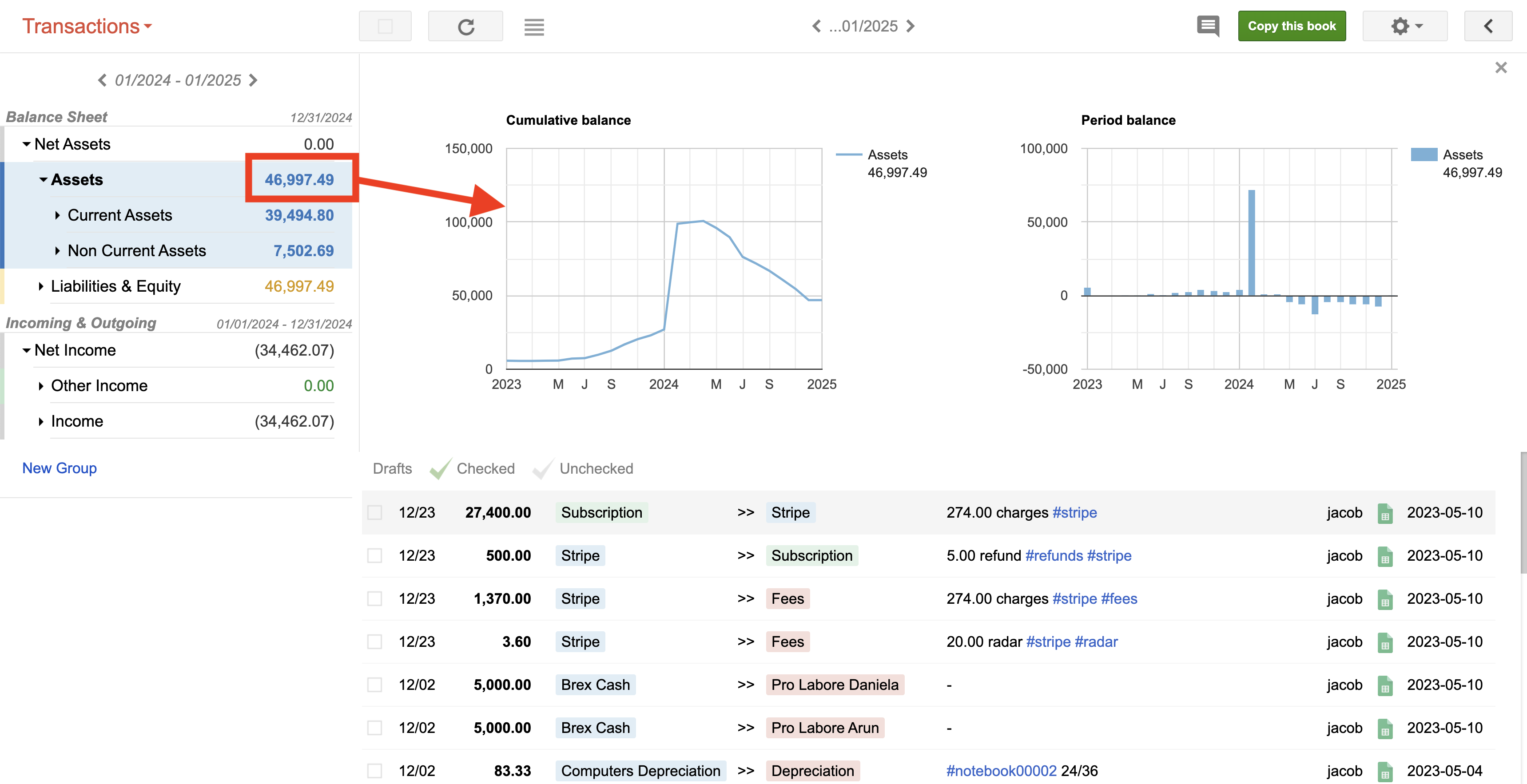 Opening charts by clicking a balance value in the left menu