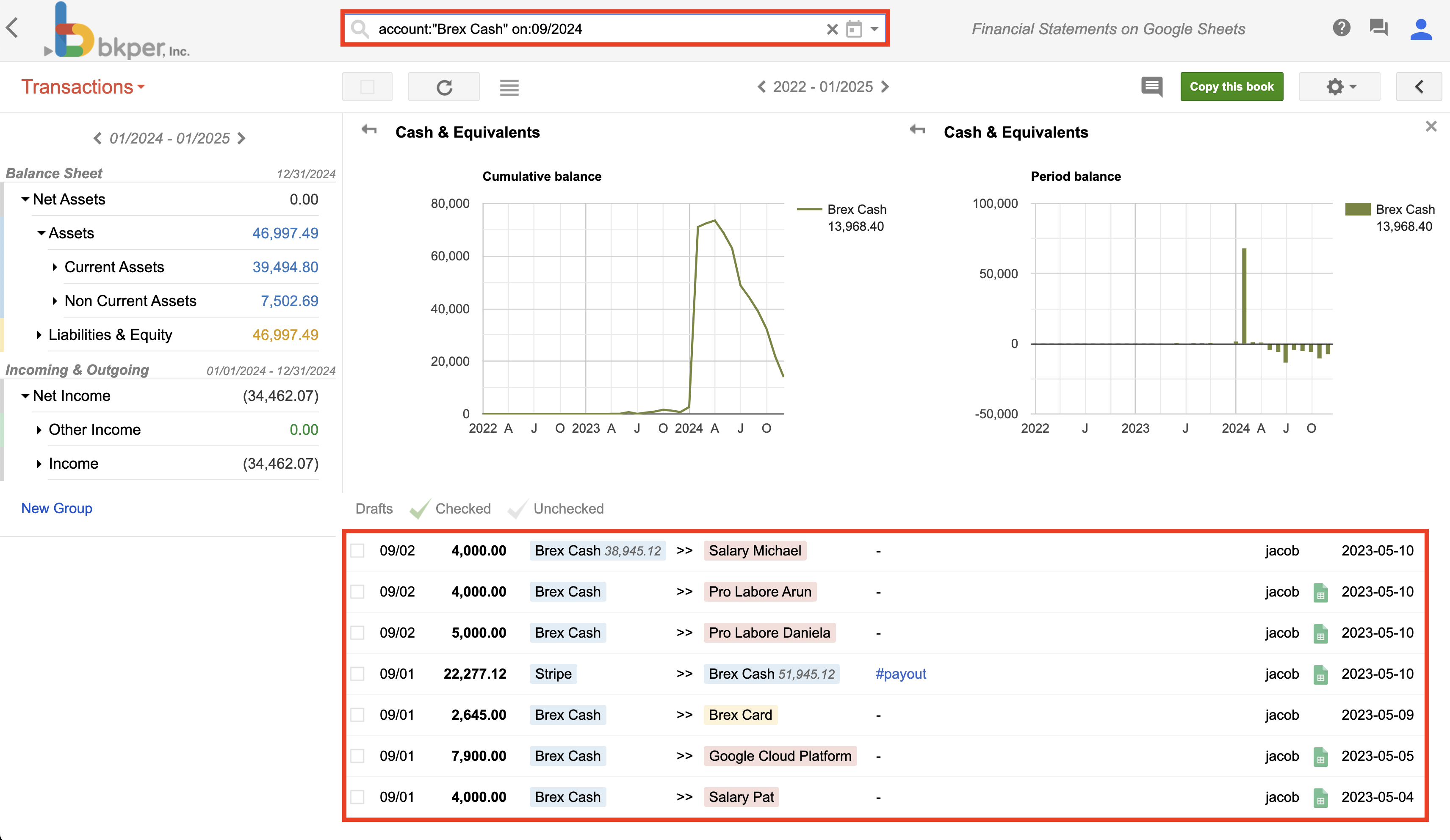 Transaction list filtered by clicking an Account in the chart
