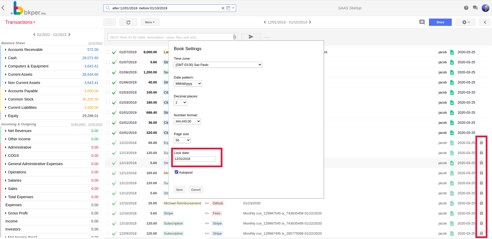 Setting a lock date on a Bkper book to protect a closed period