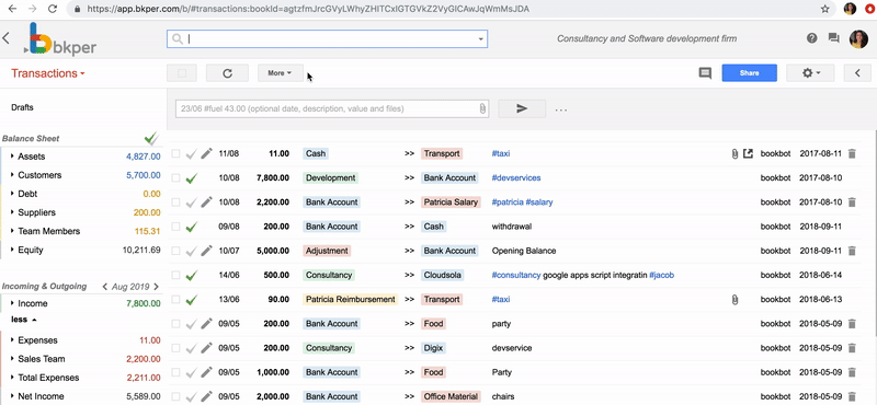 Making a comment on a search query result in Bkper — selecting items, writing a comment, and saving