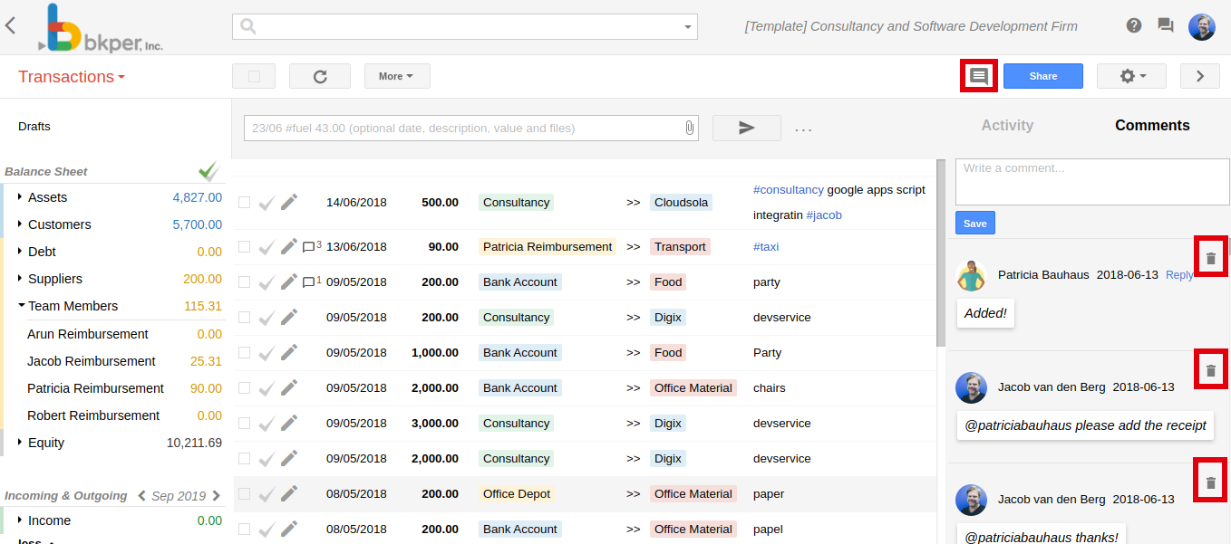 Deleting a comment from the comments sidebar in Bkper