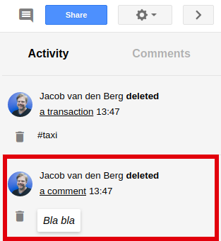 Activity history showing a deleted comment entry in Bkper