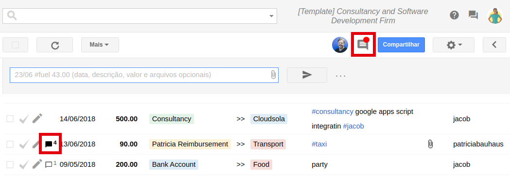 Comment notification indicators — red dot on the comment icon and black icon on a transaction