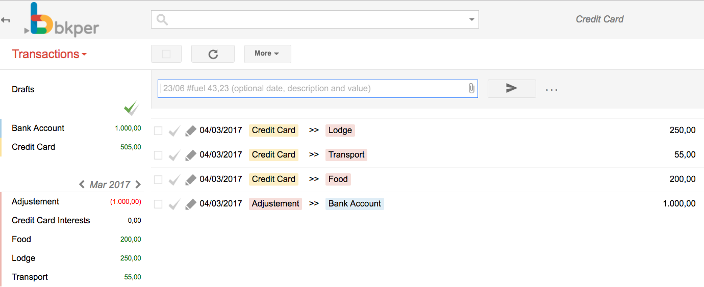 Bkper transactions showing expenses recorded to the Credit Card, increasing the amount owed to 505