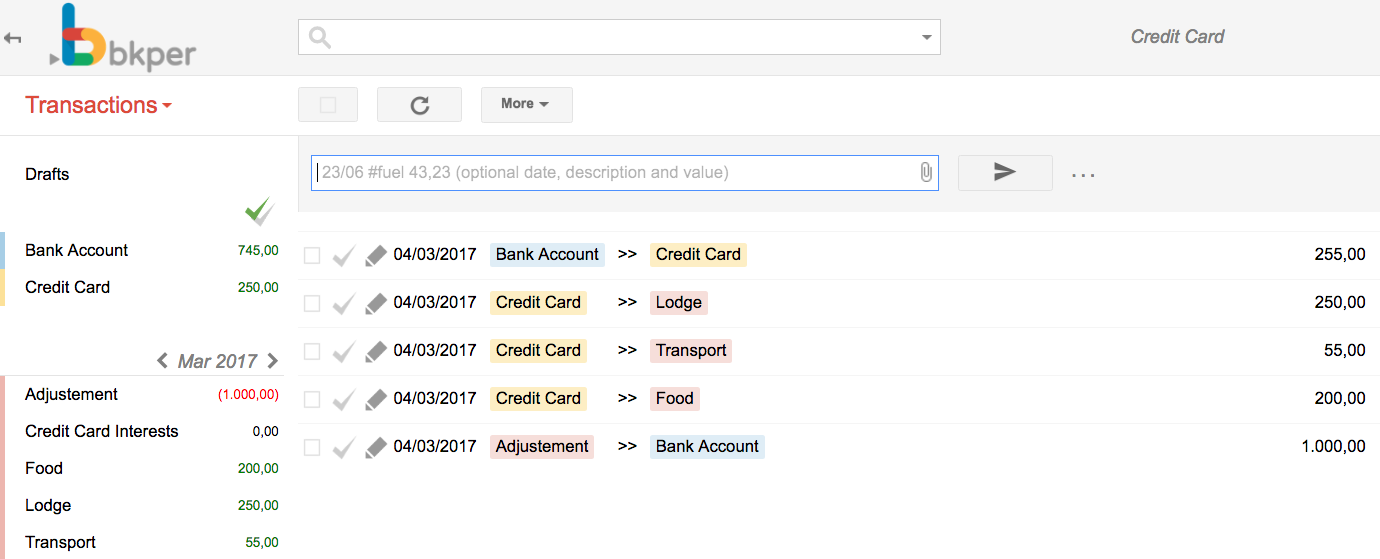 Bkper transaction showing a partial payment reducing the amount owed to 250