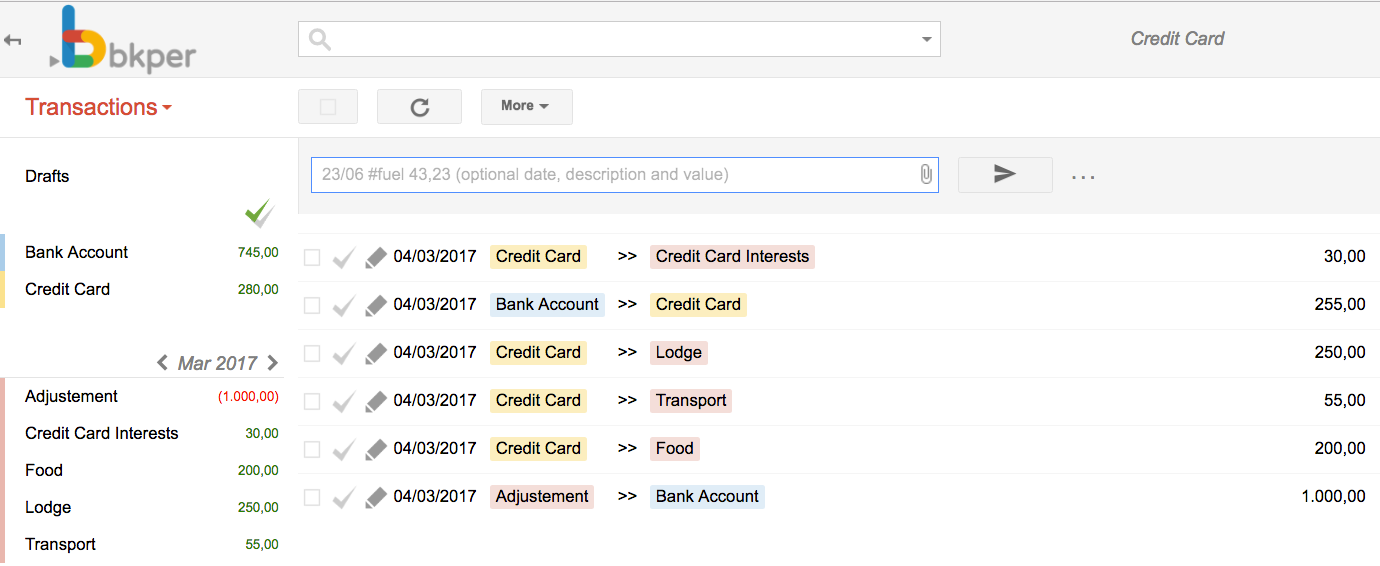 Bkper transaction showing interest charges added to the amount owed on the Credit Card