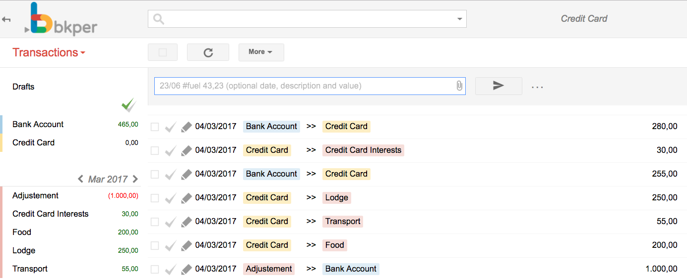 Bkper transaction showing the full payoff clearing the outstanding Credit Card balance