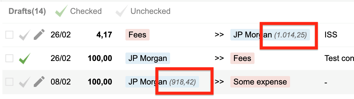 Viewing the running balance toward the end of a transaction row for a permanent account