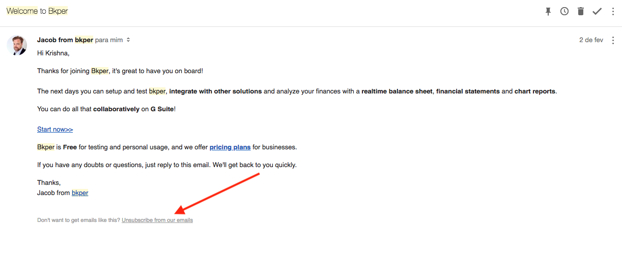Bkper email footer showing the unsubscribe link