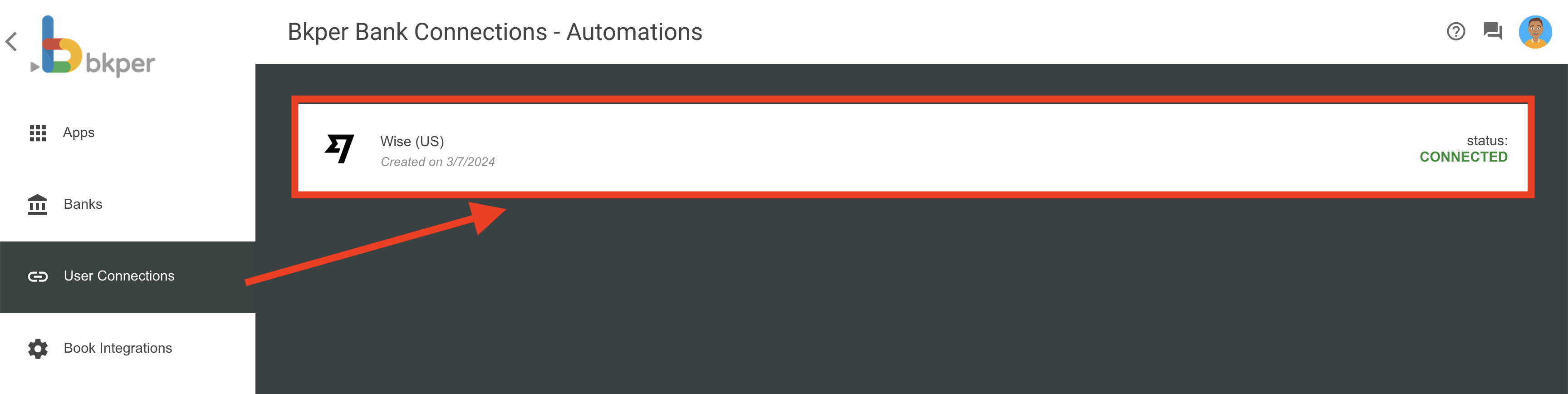 Selecting the Bank Connection to disconnect