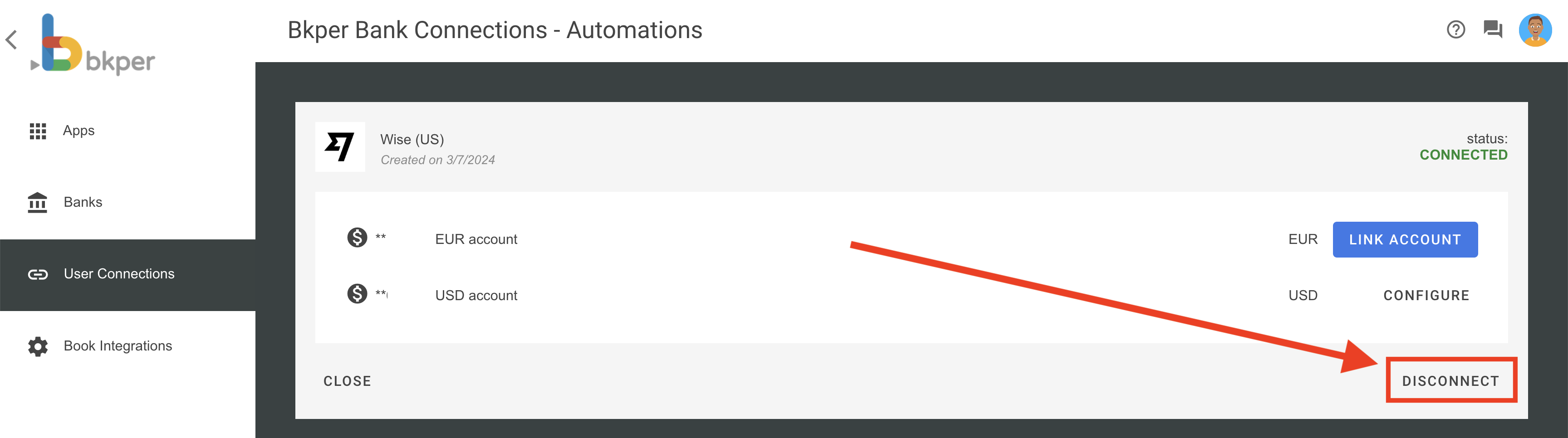 Clicking the Disconnect button