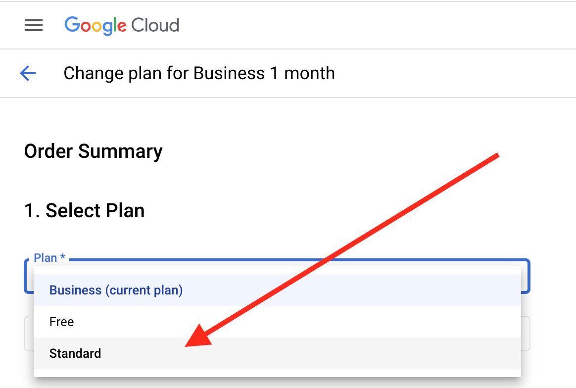 Plan selection screen showing Bkper Standard on Google Cloud